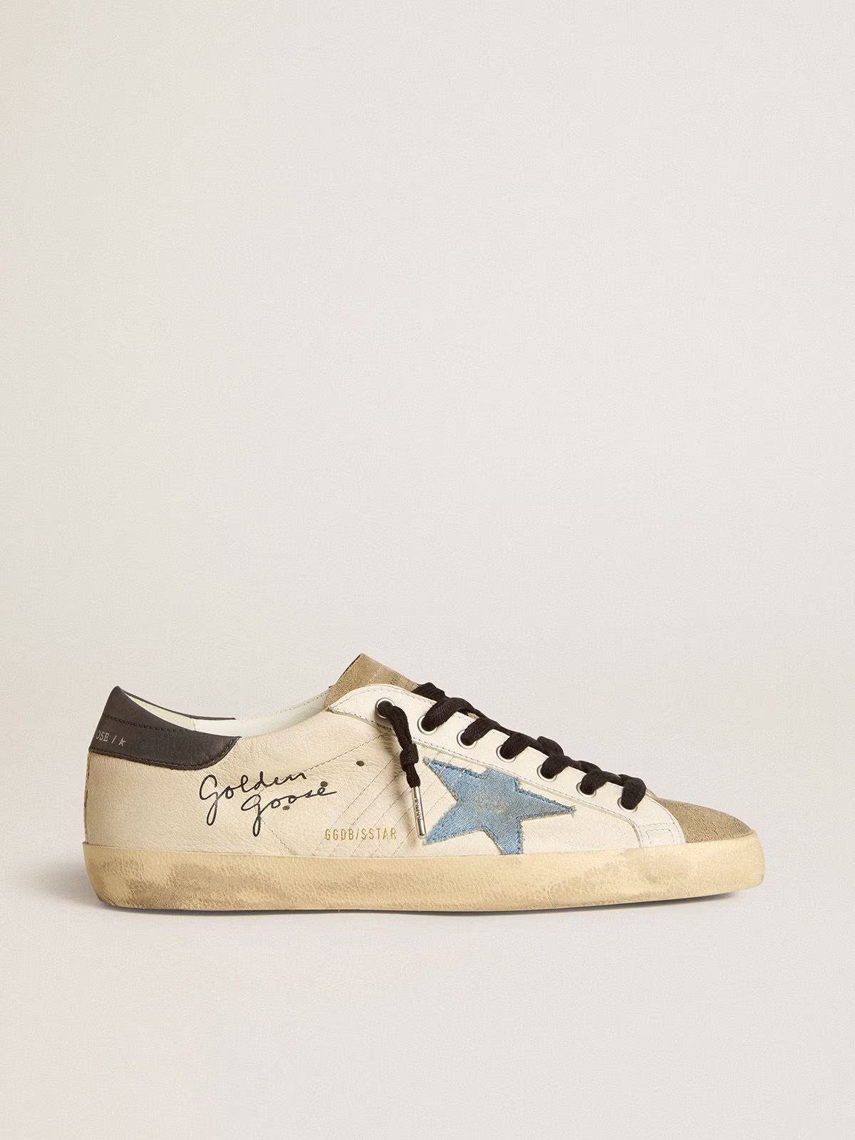 Golden Goose Super-Star in nappa con stella in suede azzurra e talloncino in pelle grigio