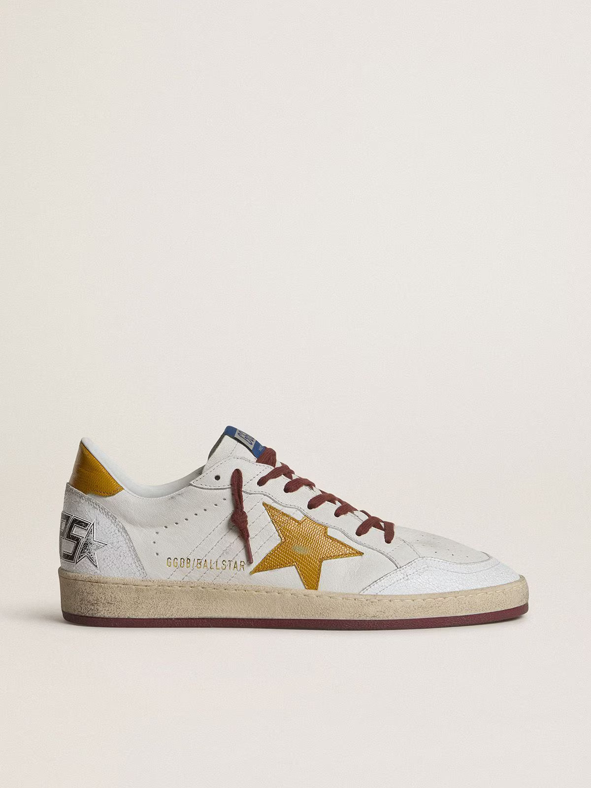 Golden Goose Ball Star Uomo in nappa bianca con stella e talloncino in pelle gialla con motivo animalier