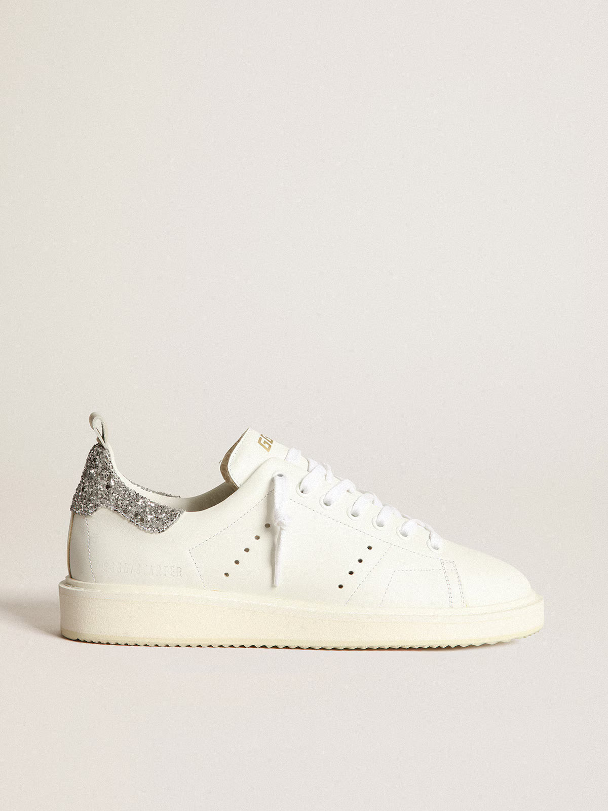 Starter donna in pelle bianca con talloncino glitter argento