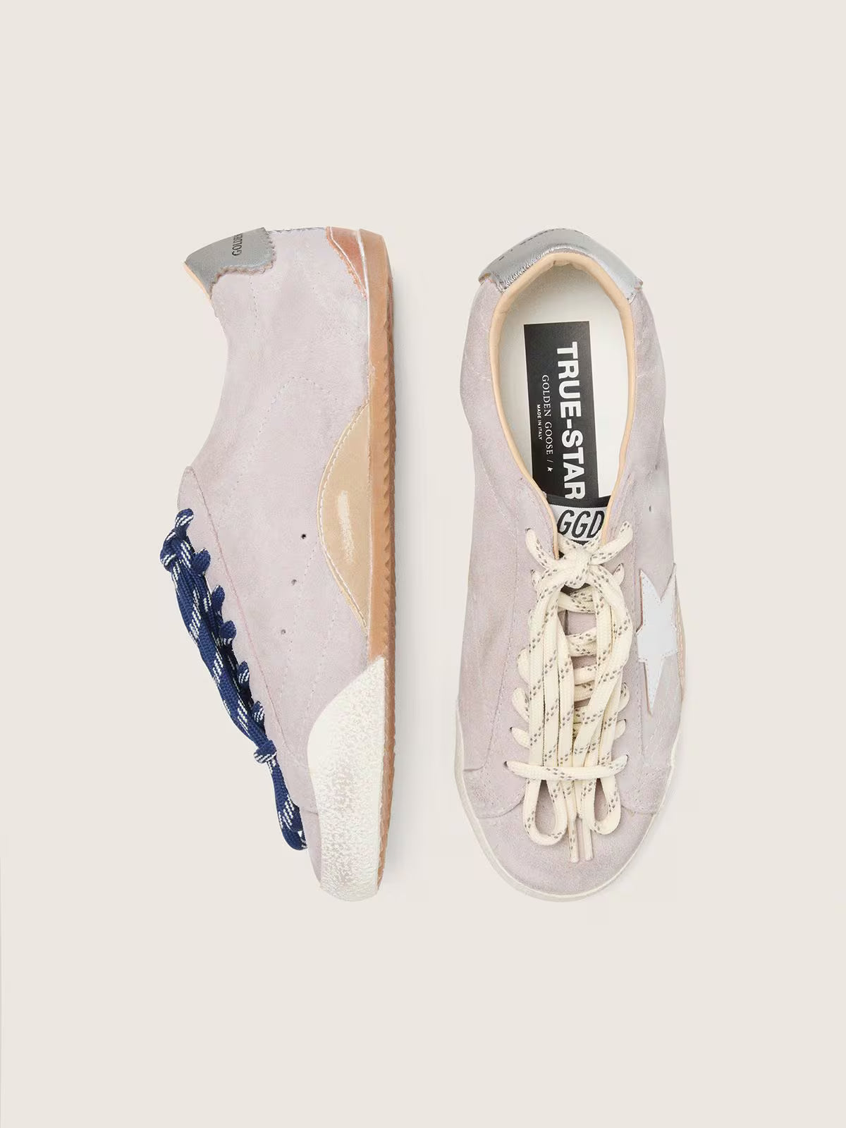 Golden Goose True-Star Donna in suede rosa pastello con stella e talloncino argento