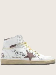 Golden Goose Slide Mid in pelle bianca con stella bordeaux e dettagli grafici